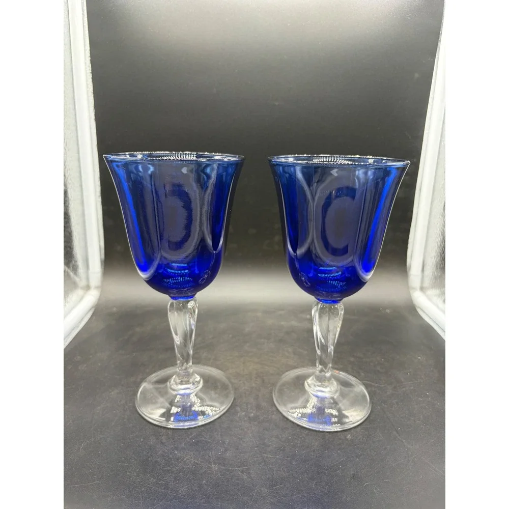 Vintage Cobalt Blue Wine Goblets Clear Twisted Stem Optic Panel Glass Set of 2